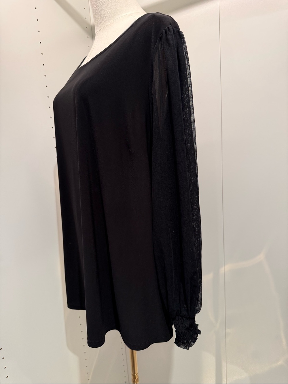 Black Boatneck Blouse with Sheer Lace Sleeves - Picture 3 of 7